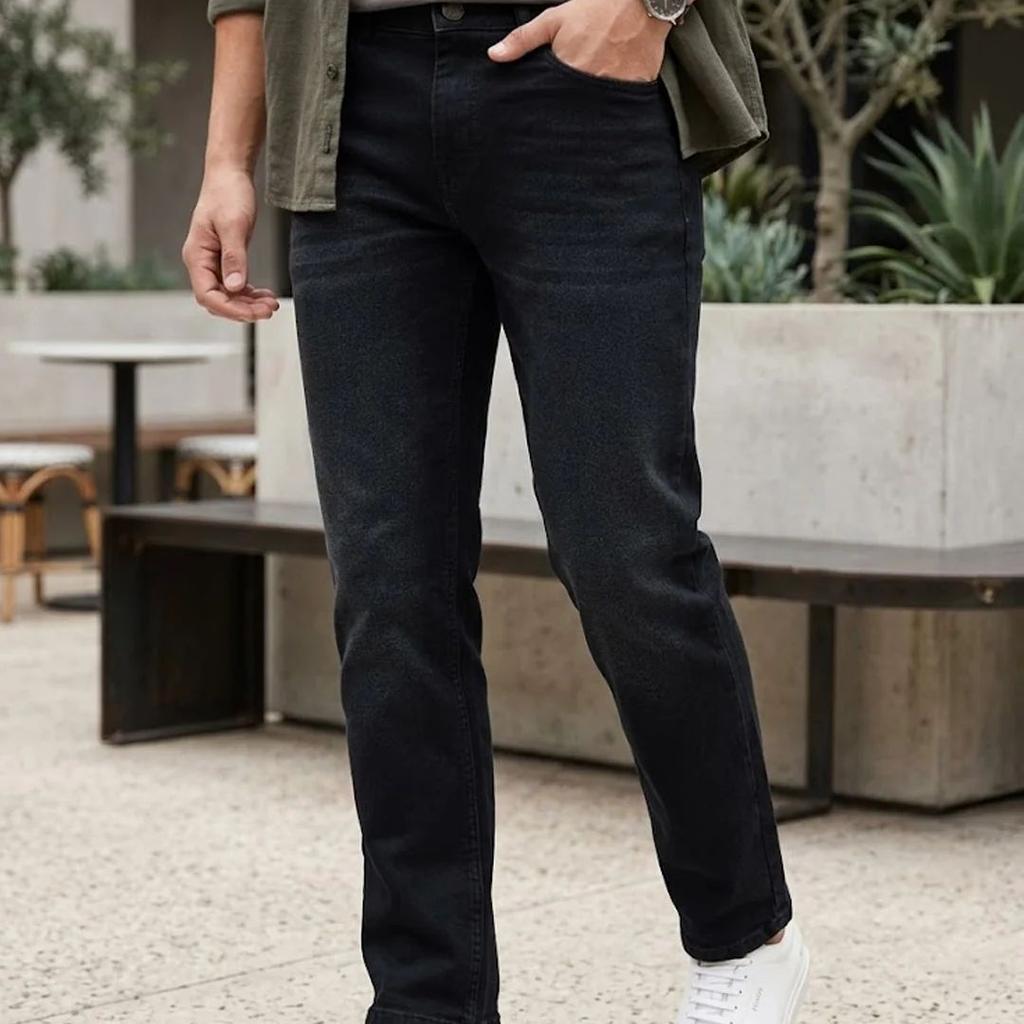 Men's Black Regular Fit Whisker Wash Yellow Tint Denim Jeans Stretchable