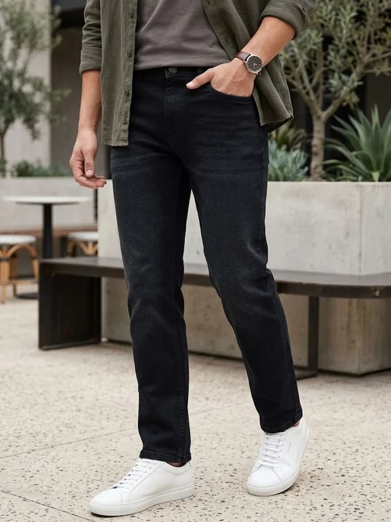 Men's Black Regular Fit Whisker Wash Yellow Tint Denim Jeans Stretchable — 28 / Black