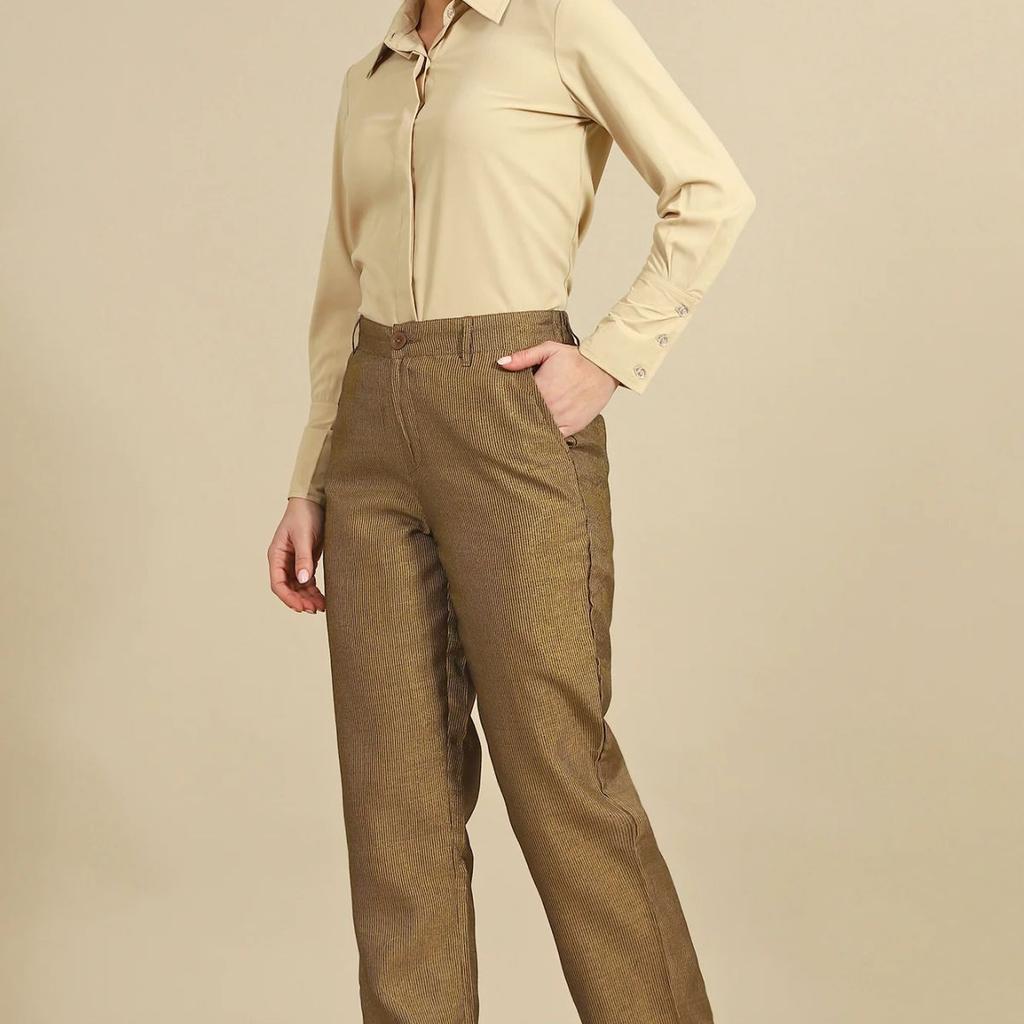 Brown Yarn Dyed Straight Fit Pants With YKK Zipper