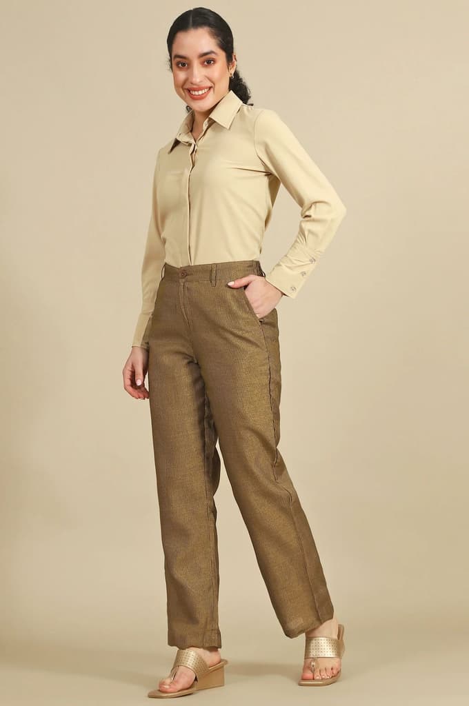 Brown Yarn Dyed Straight Fit Pants With YKK Zipper