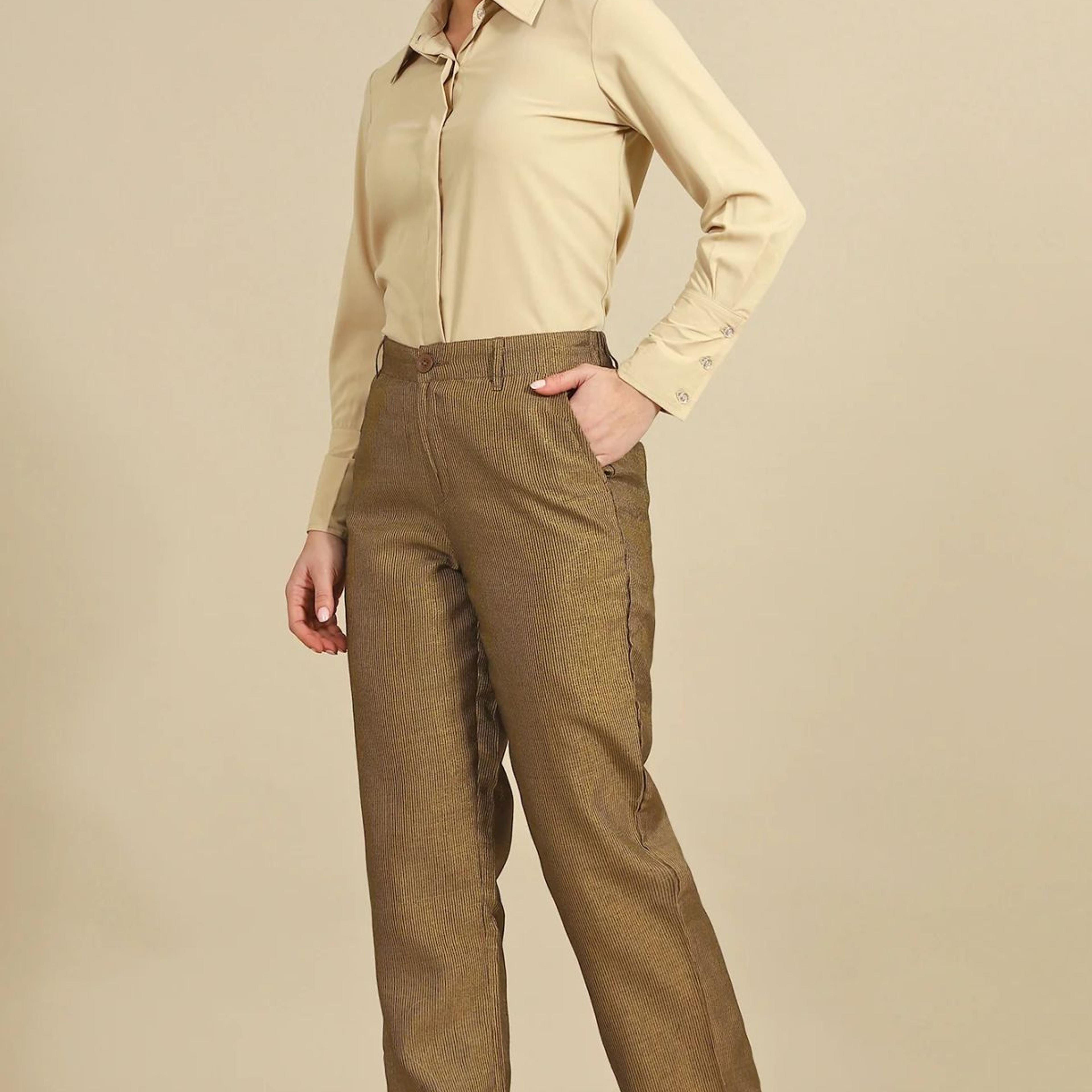 Brown Yarn Dyed Straight Fit Pants With YKK Zipper