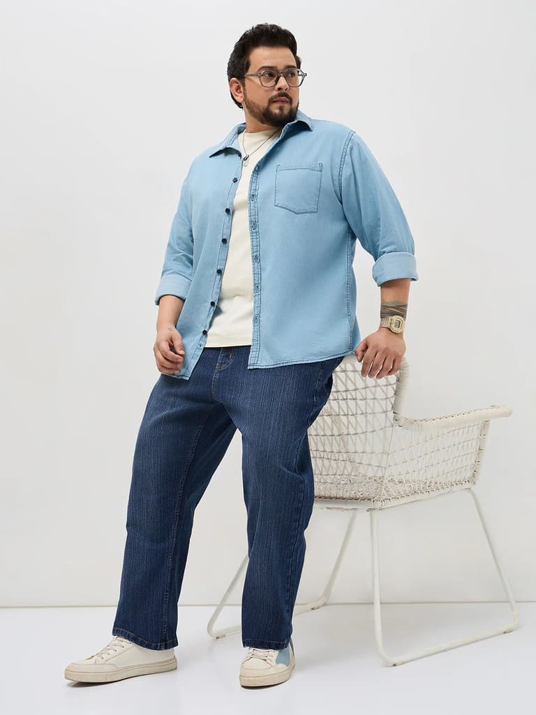 Plus Men's Blue Straight Fit Washed Denim Jeans Stretchable — photo 4