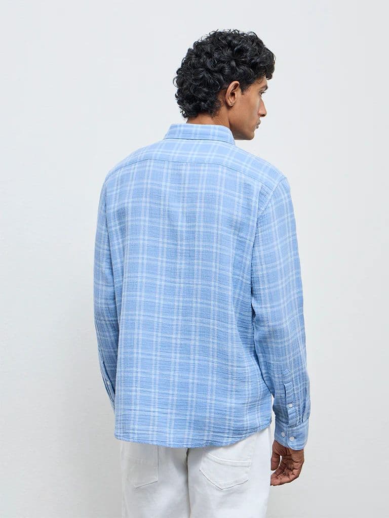 WES Casuals Light Blue Checks Relaxed-Fit Cotton Shirt — photo 5