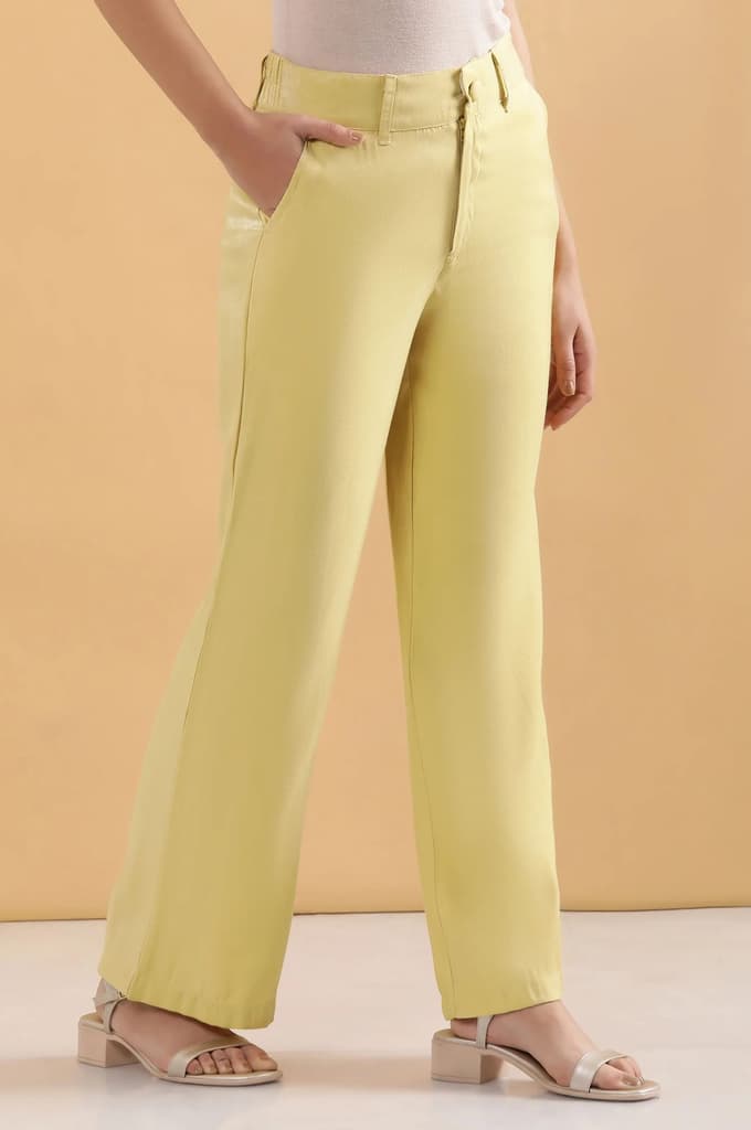 Yellow Solid Straight Fit Woven Pants With Elasticated Back — photo 5