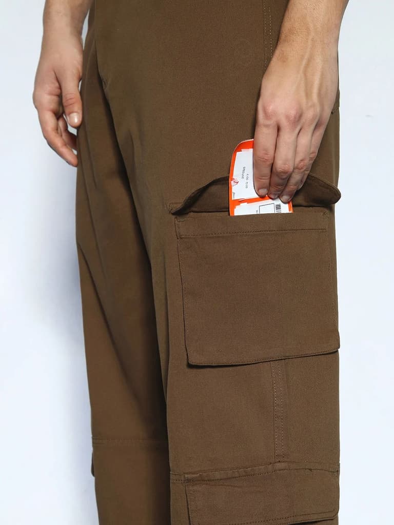 Men's Brown Loose Baggy Fit Cargo Chino Pant with 8 Pockets Stretchable — photo 6