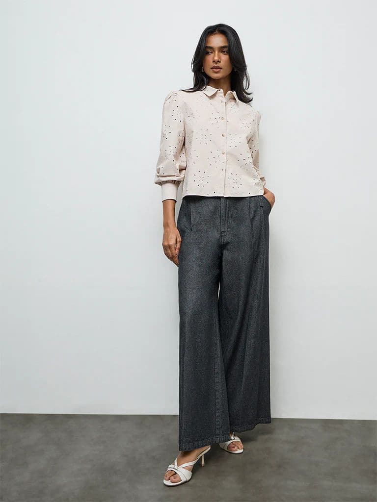 LOV Light Beige Floral Embroidered Cotton Shirt — photo 2