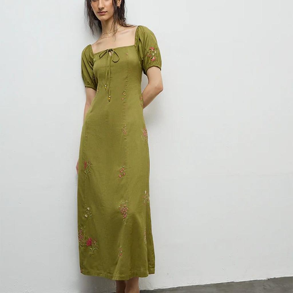 Bombay Paisley Olive Embroidered Cotton-Blend A-Line Dress