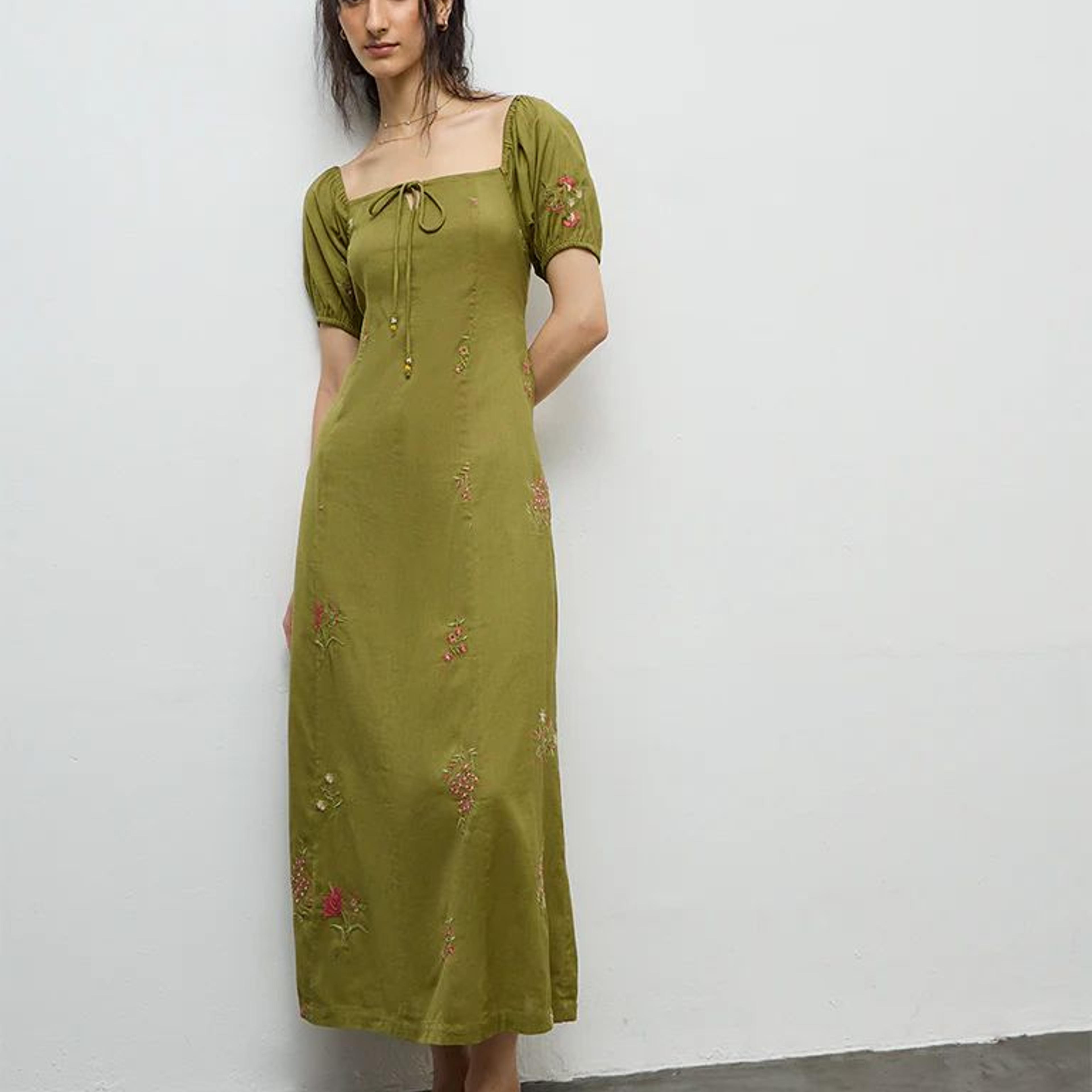 Bombay Paisley Olive Embroidered Cotton-Blend A-Line Dress