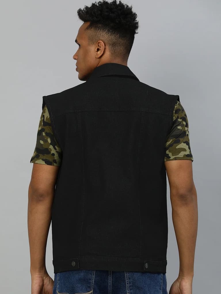Men's Black Slim Fit Washed Sleeveless Denim Jacket — photo 4