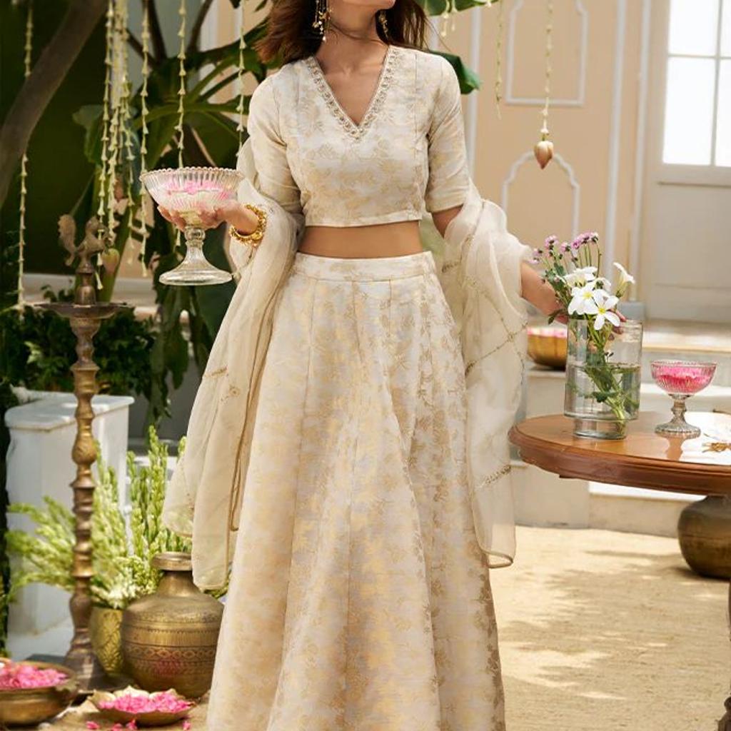 Cream Embellished Maxi Jacquard Blouse with Skirt and Dupatta Set