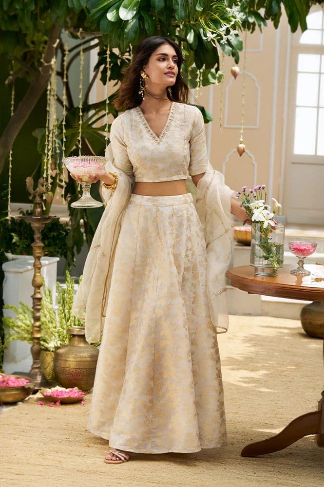 Cream Embellished Maxi Jacquard Blouse with Skirt and Dupatta Set