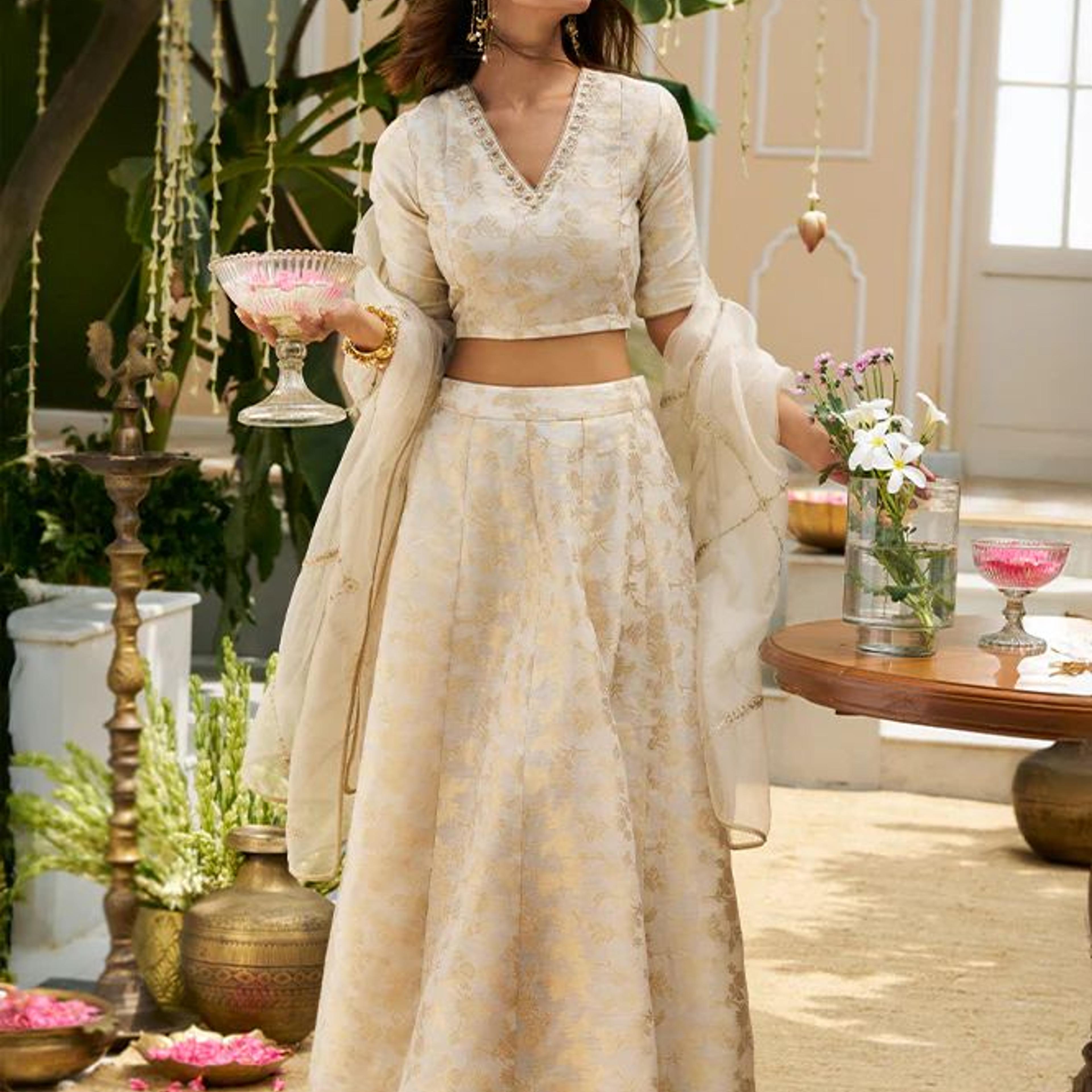 Cream Embellished Maxi Jacquard Blouse with Skirt and Dupatta Set