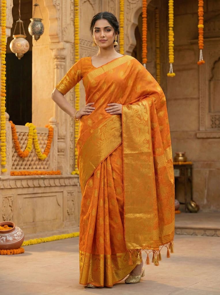 MIMOSA Women's Woven Design Kanjivaram Style Art Silk Saree with Blouse Piece - Mustard ( SA00003143MSFREE ) — photo 2