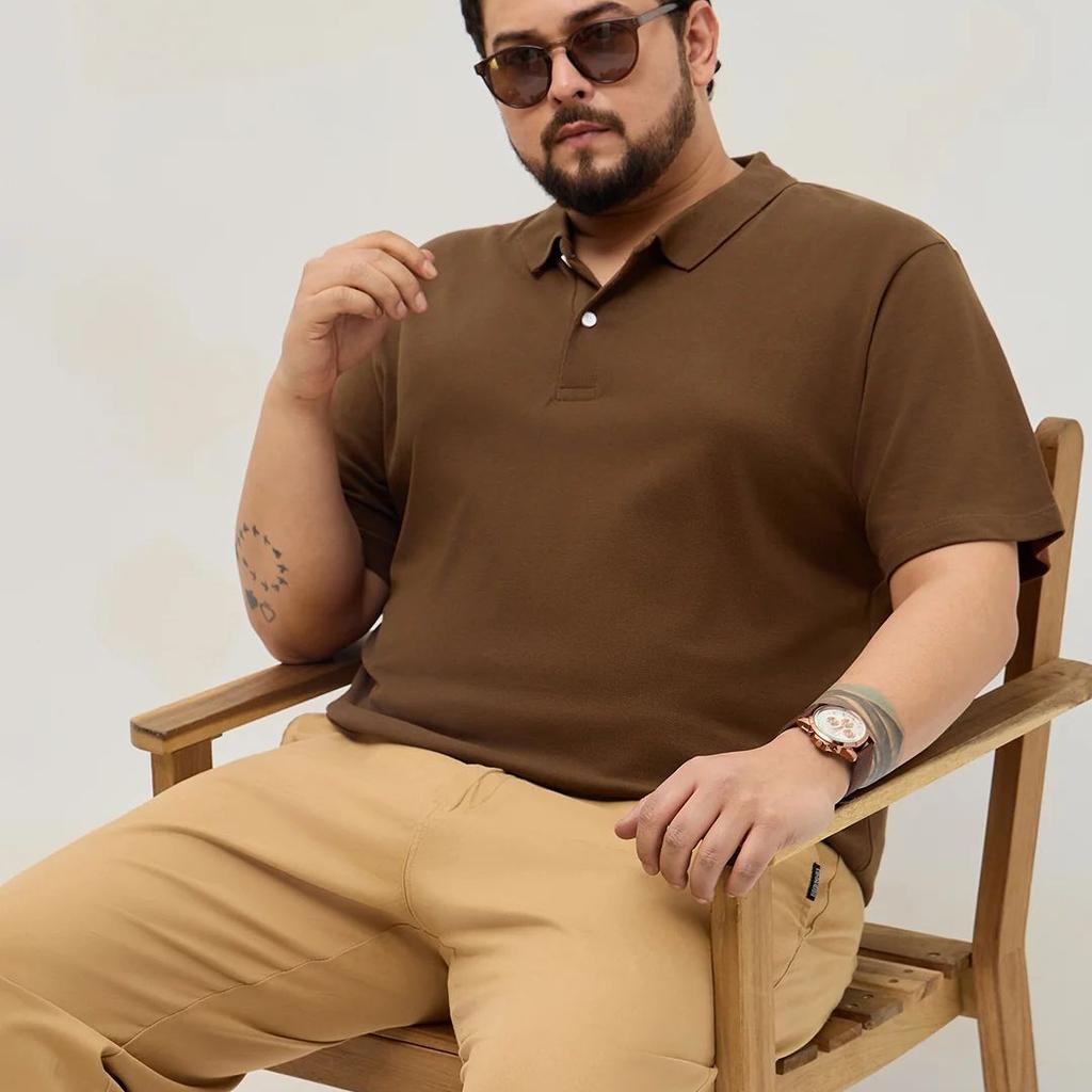 Plus Men's Dark Brown Solid Regular Fit Half Sleeve Cotton Polo T-Shirt