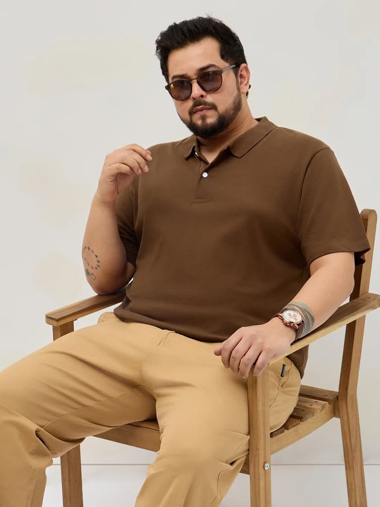 Plus Men's Dark Brown Solid Regular Fit Half Sleeve Cotton Polo T-Shirt — 2XL / Dark Brown