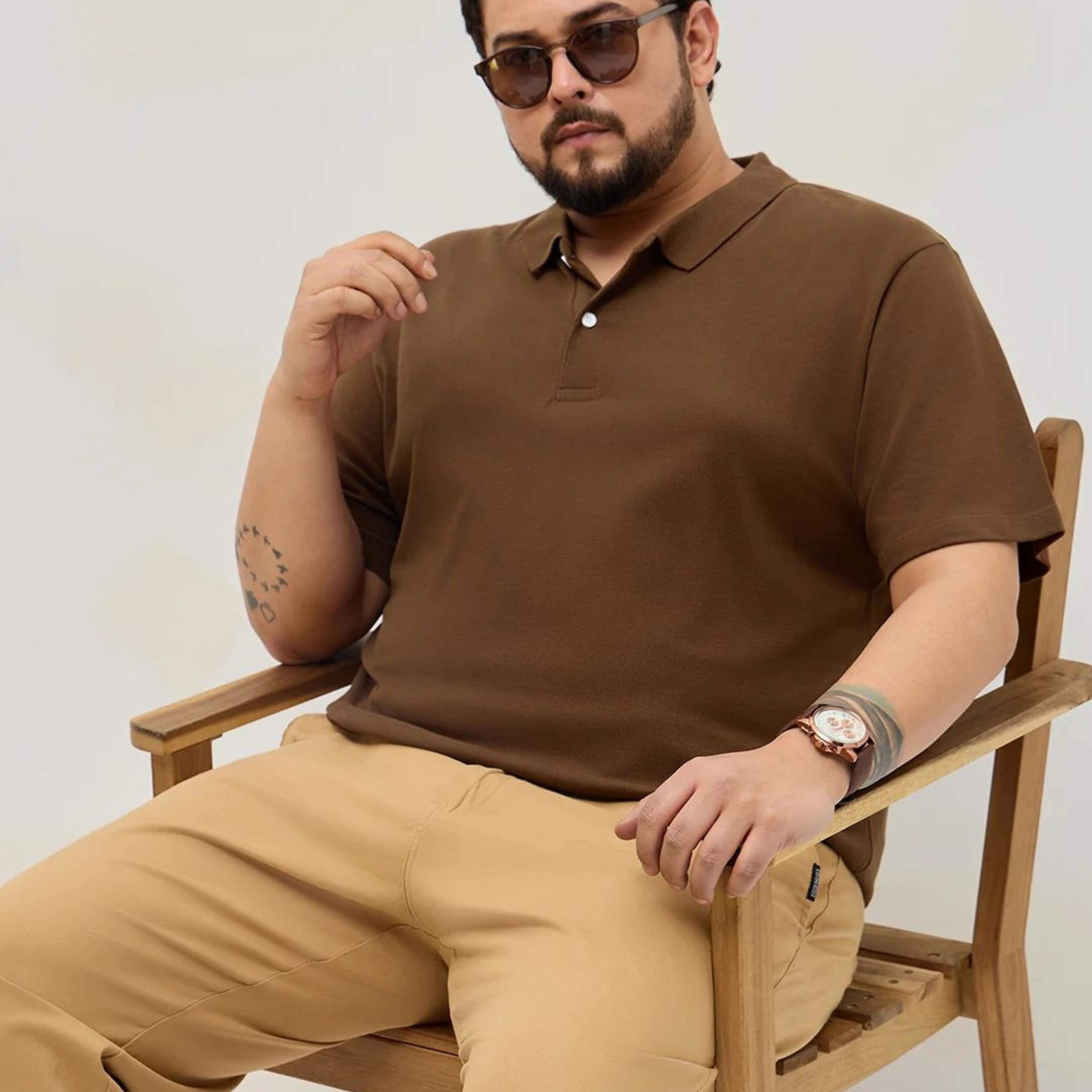 Plus Men's Dark Brown Solid Regular Fit Half Sleeve Cotton Polo T-Shirt