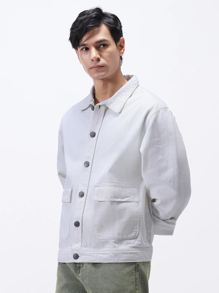 Men's White Relaxed Fit Full Sleeve Utility Denim Jacket — photo 2