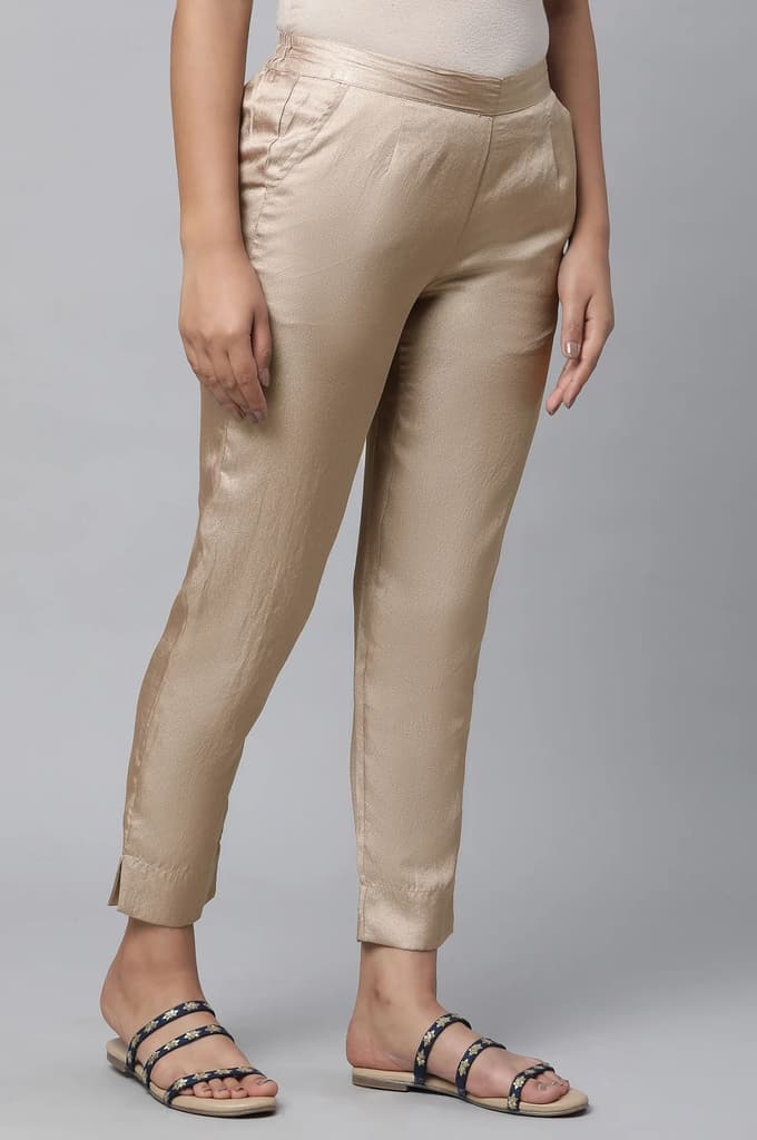 Gold Solid Straight Fit Satin Pants With Elasticated Waist — photo 4