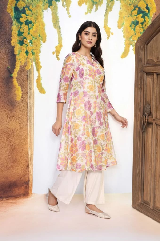 Off-White Floral Printed A-Line Kurta with Parallel Pant and Dupatta Set — photo 4
