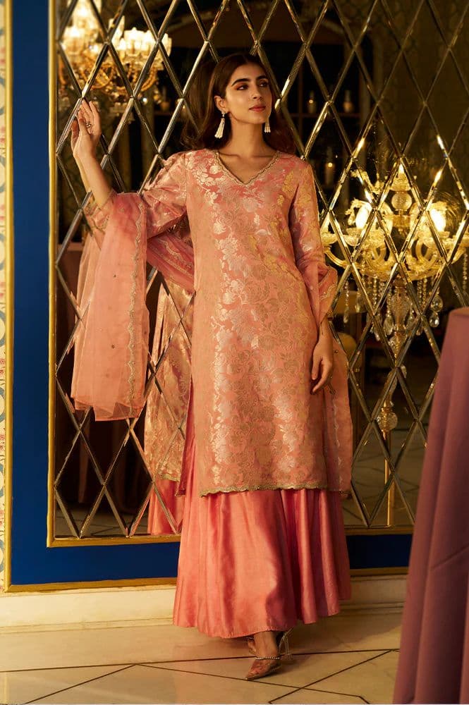 Pink Zari Jacquard Straight Kurta with Sharara and Dupatta Set — XS