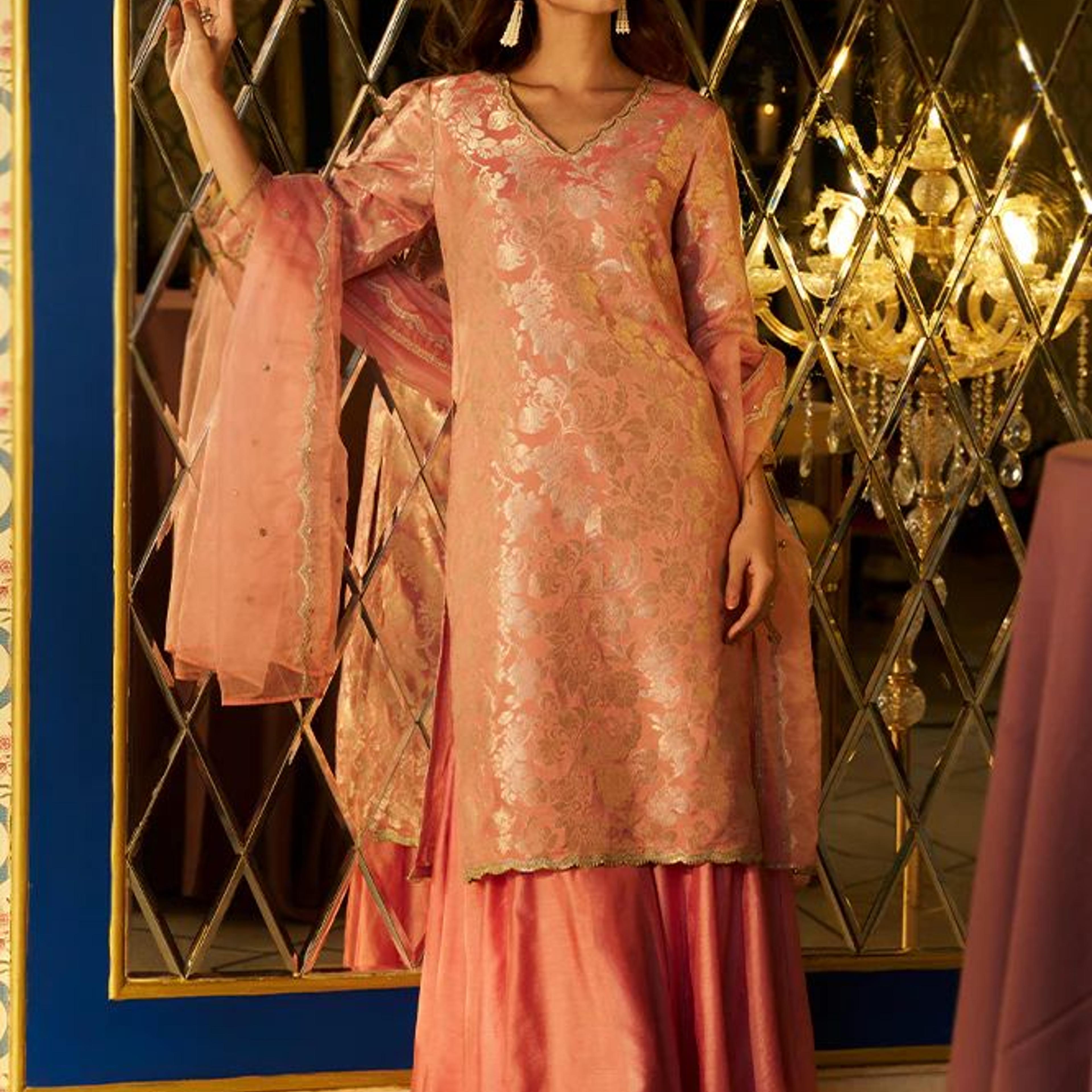 Pink Zari Jacquard Straight Kurta with Sharara and Dupatta Set