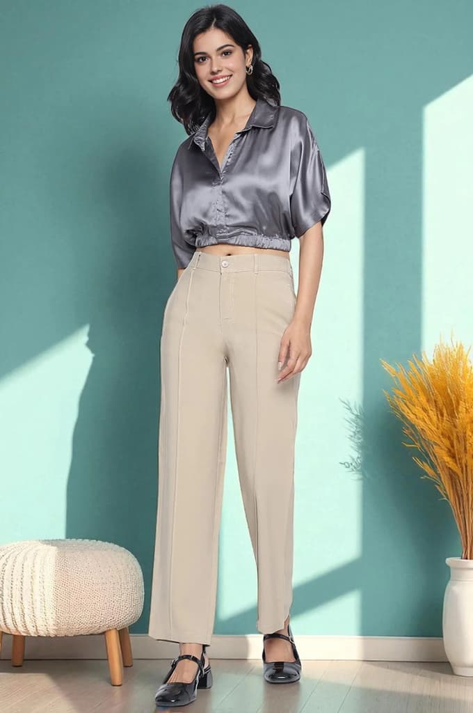 Beige Solid Korea Rayon Twill Pants In Ankle Length with YKK Zipper — photo 6