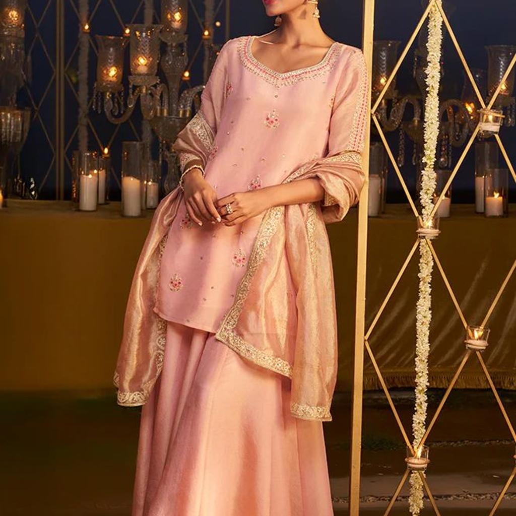 Pink Embroidered Straight Tissue Kurta with Culotte and Dupatta Set