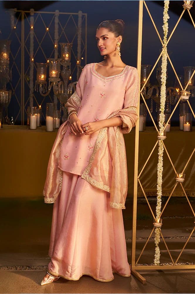 Pink Embroidered Straight Tissue Kurta with Culotte and Dupatta Set — XS