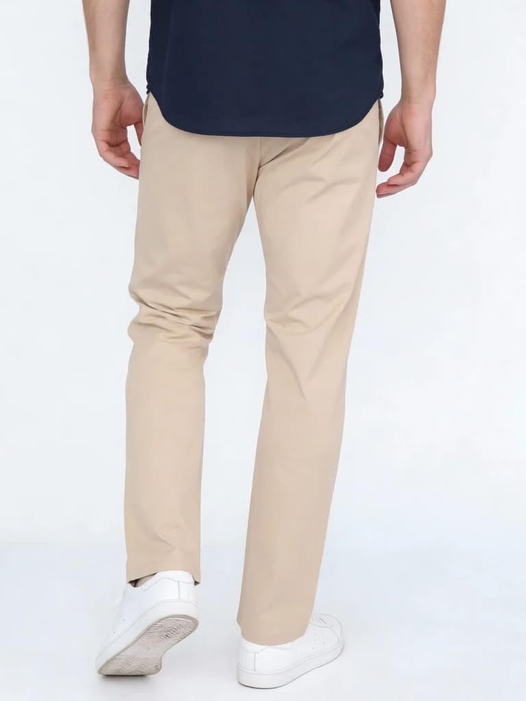 Men's Cream Straight Fit Mid Rise Cotton Casual Chinos Trousers Stretch — photo 3