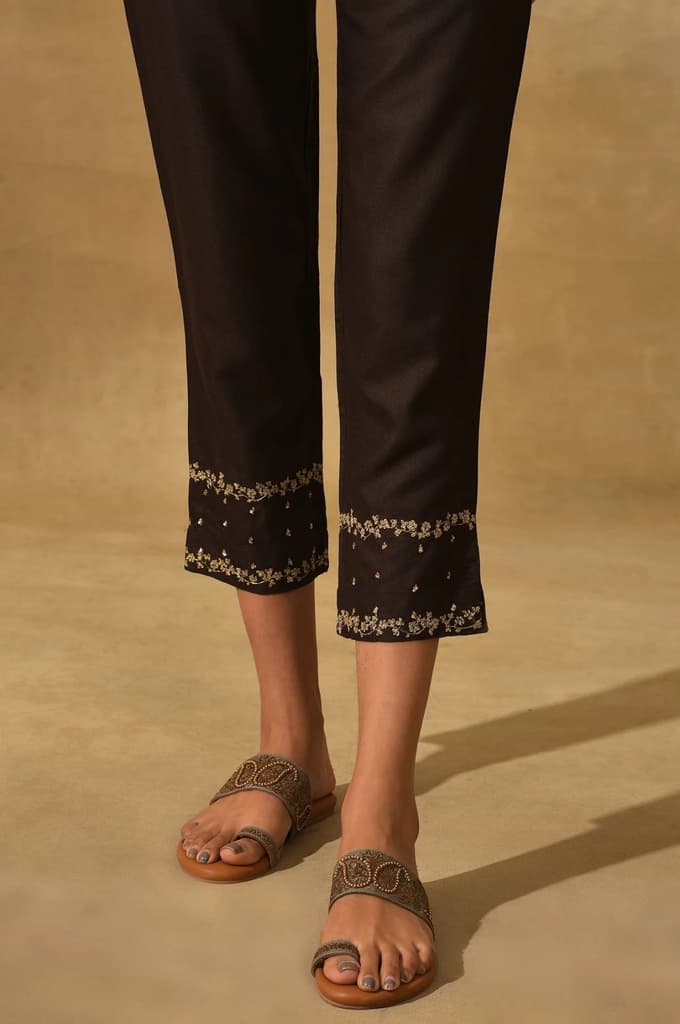Brown Embroidered Viscose Silk Tussar Slim Pants — photo 8
