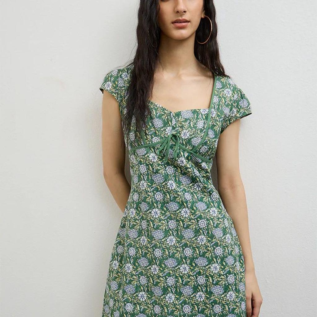 Bombay Paisley Green Floral Pattern Cotton A-Line Dress
