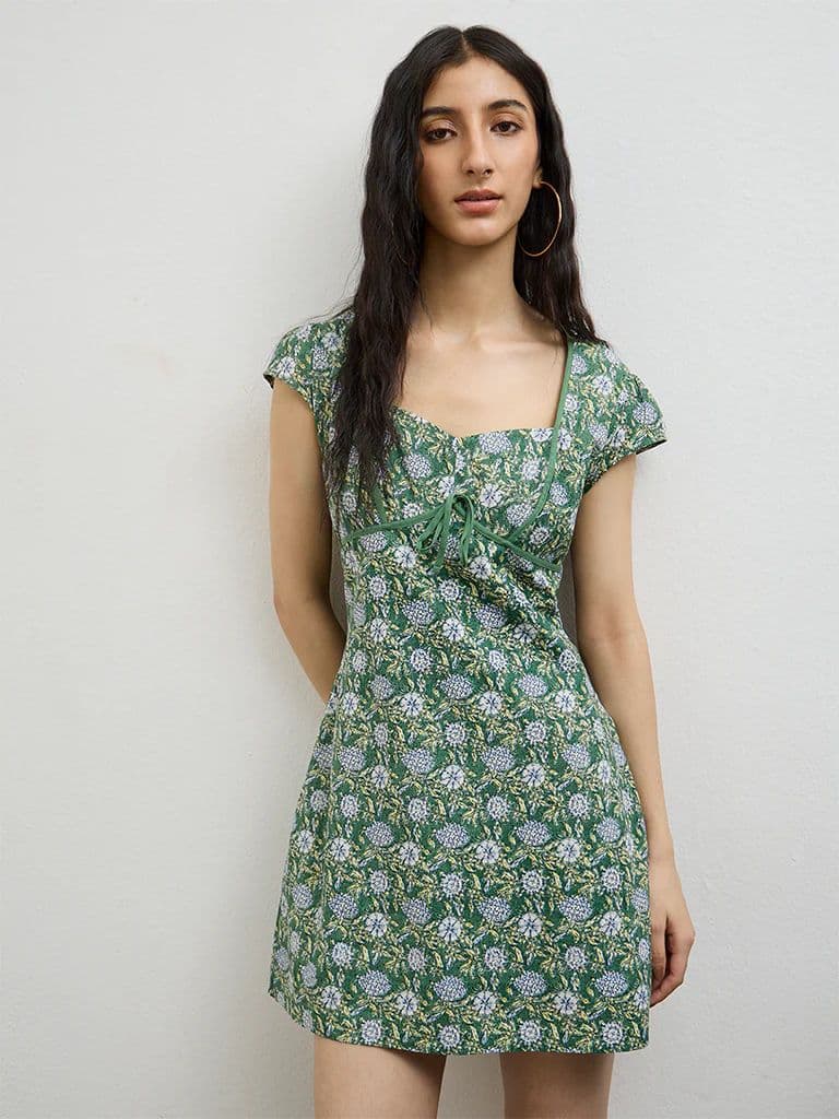 Bombay Paisley Green Floral Pattern Cotton A-Line Dress