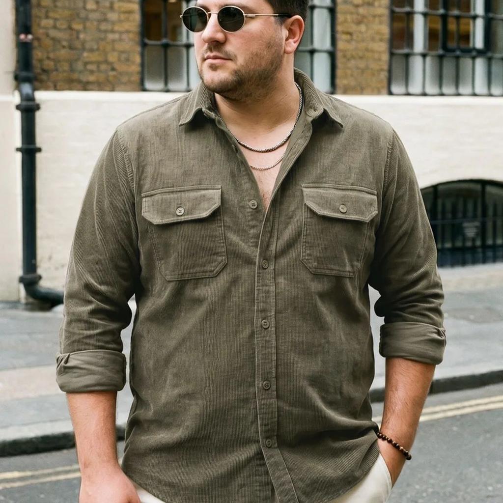 Plus Men's Light Olive Corduroy Full Sleeve Regular Fit Solid Overshirt with Utility Pockets