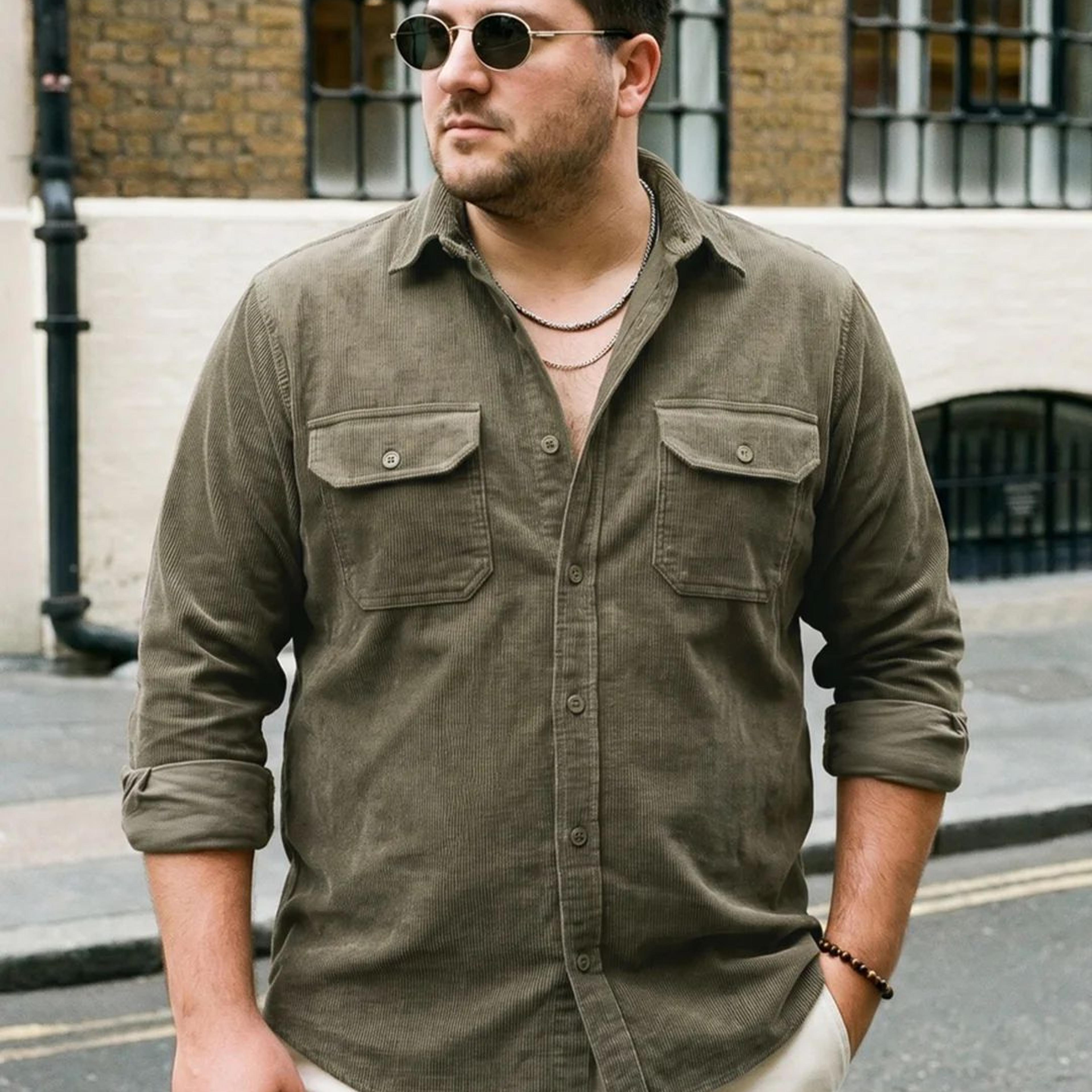Plus Men's Light Olive Corduroy Full Sleeve Regular Fit Solid Overshirt with Utility Pockets