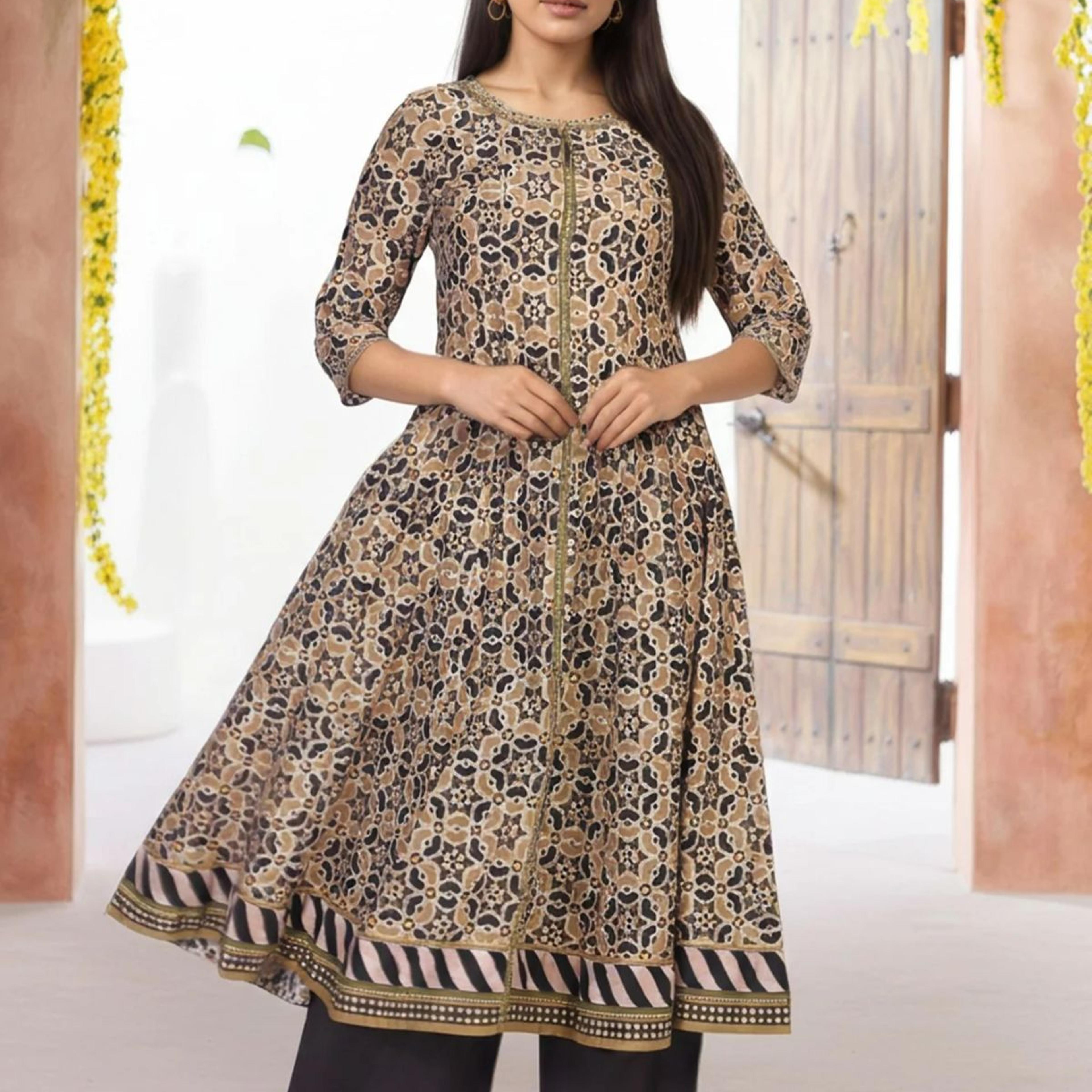 Beige Geometric Printed Embroidered Anarkali Cotton Kurta