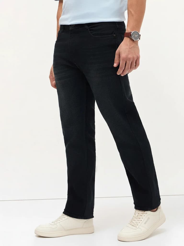 Men's Black Regular Fit Whisker Wash Yellow Tint Denim Jeans Stretchable — photo 3