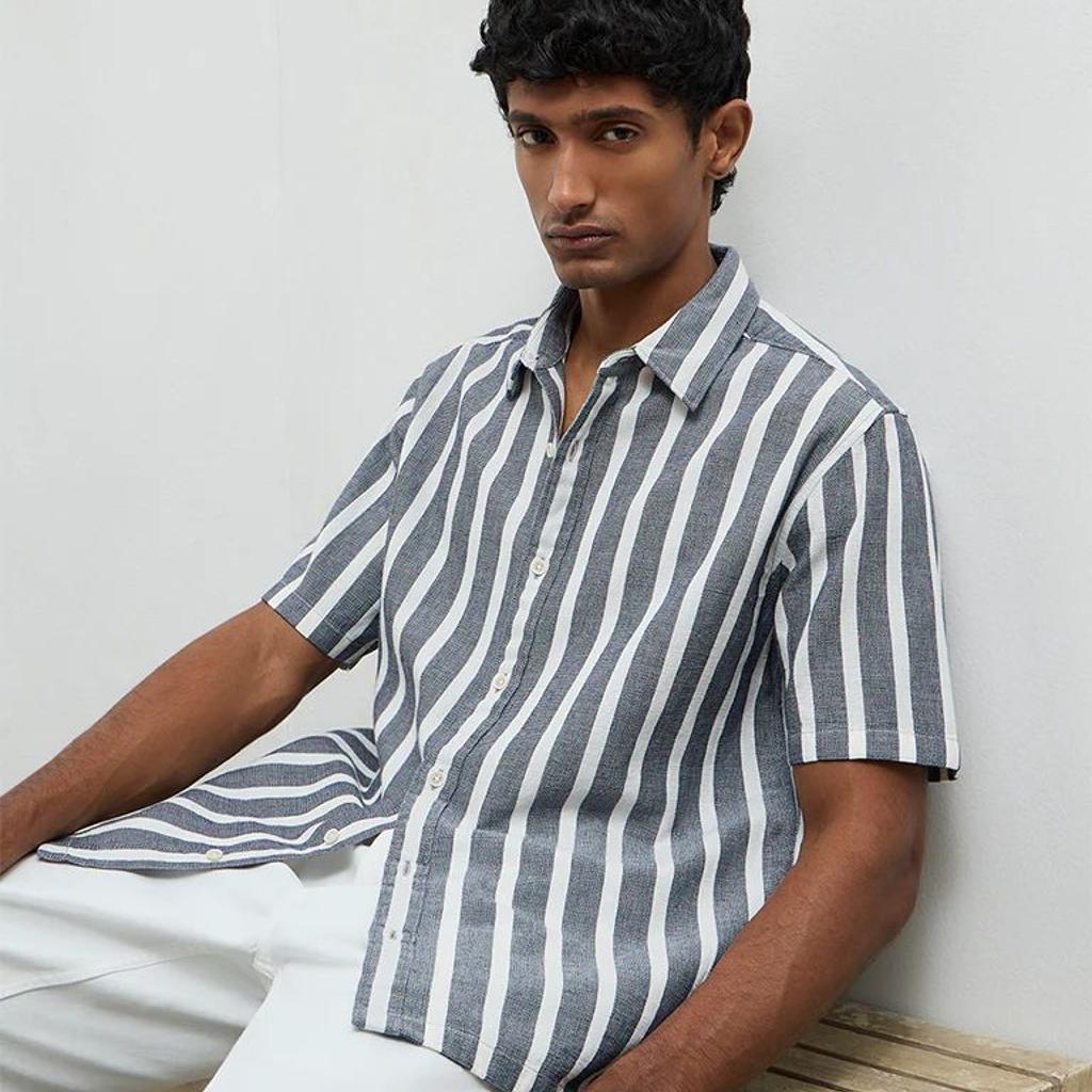 WES Casuals Navy Striped Relaxed Fit Cotton Shirt
