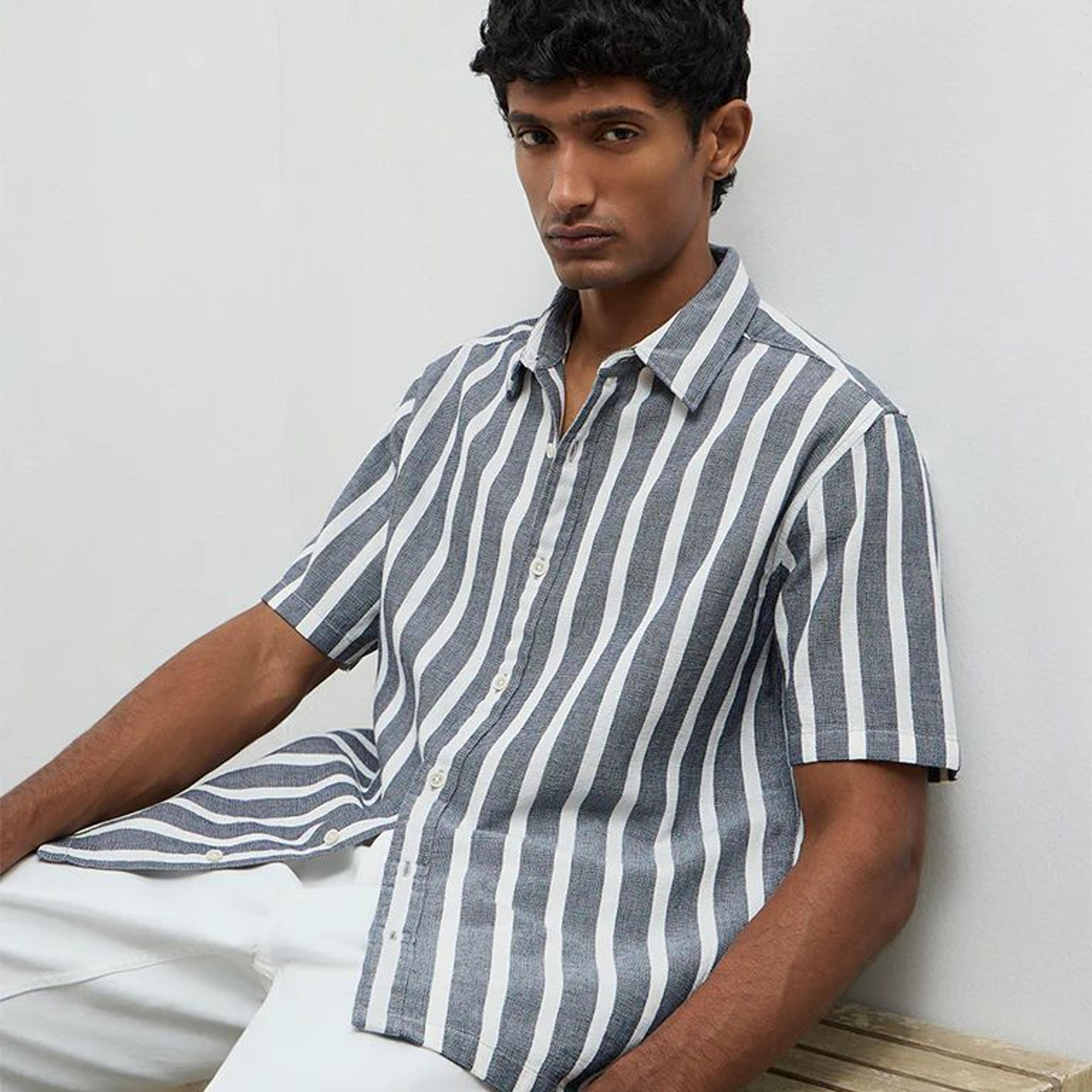 WES Casuals Navy Striped Relaxed Fit Cotton Shirt