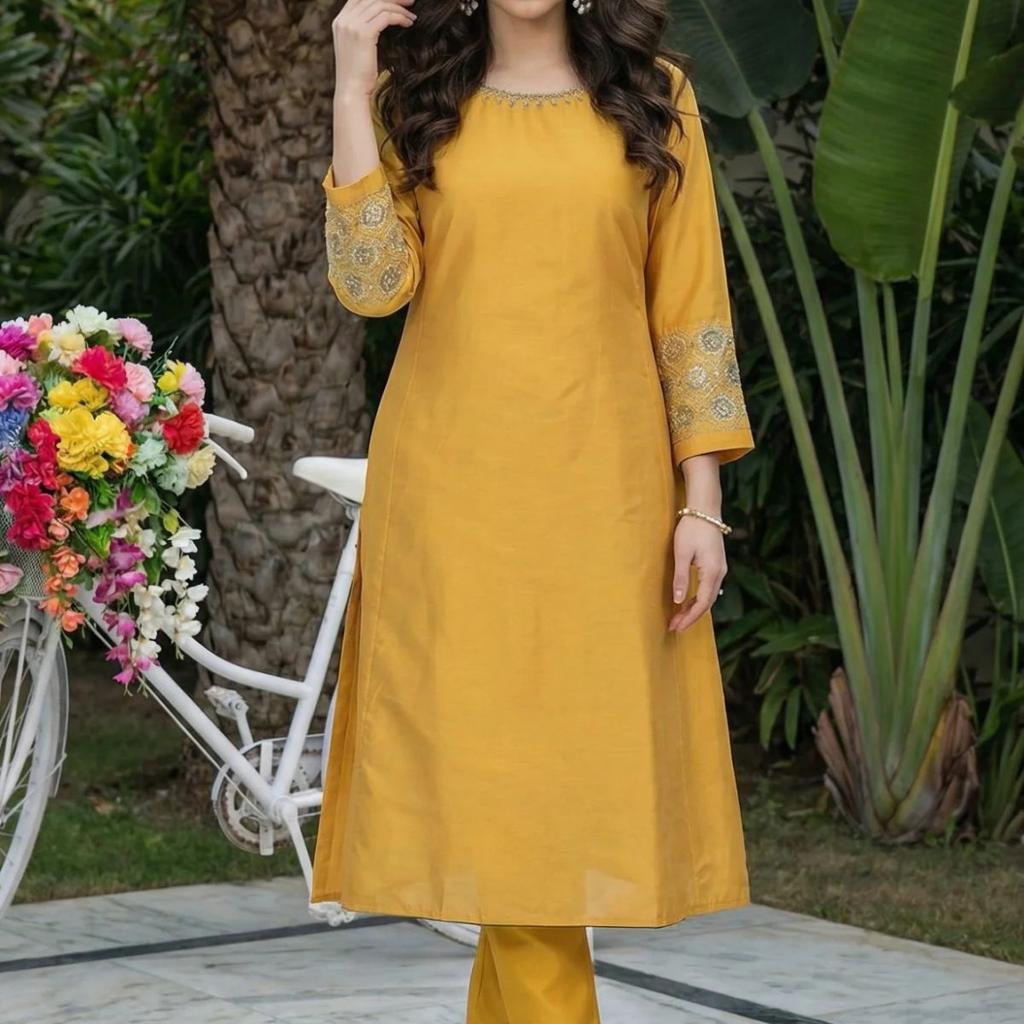 Mustard Embroidered A-Line Rayon Kurta