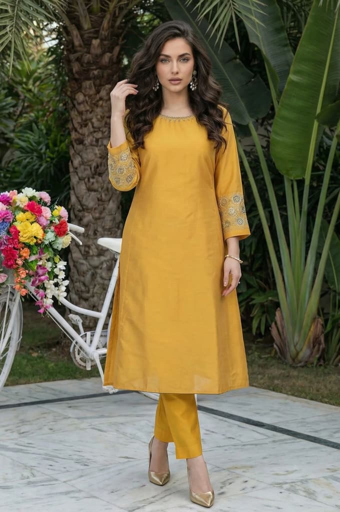 Mustard Embroidered A-Line Rayon Kurta — XS