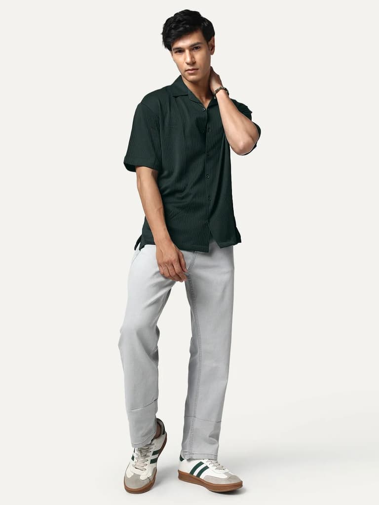 Men's Dark Green Cotton Half Sleeve Oversized Fit Textured Shirt with Cuban Collar — photo 4