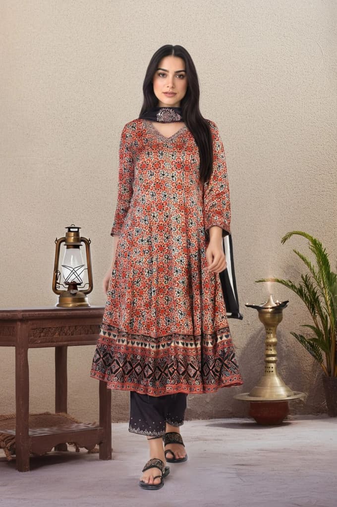 Beige Ethnic Motifs Printed Embellished Anarkali Satin Kurta with Straight Pant and Dupatta Set — photo 2