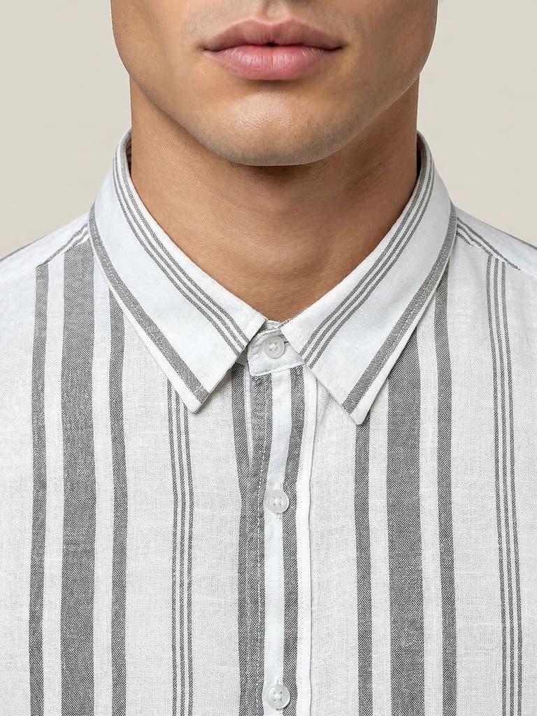 Men's Grey Cotton Full Sleeve Relaxed Fit Linen Striped Shirt with Spread Collar — photo 5