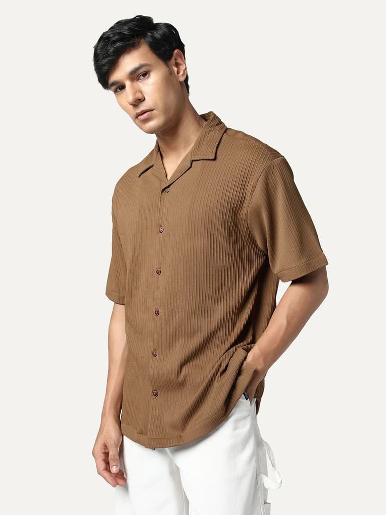 Men's Mocha Cotton Half Sleeve Oversized Fit Textured Shirt with Cuban Collar — photo 2