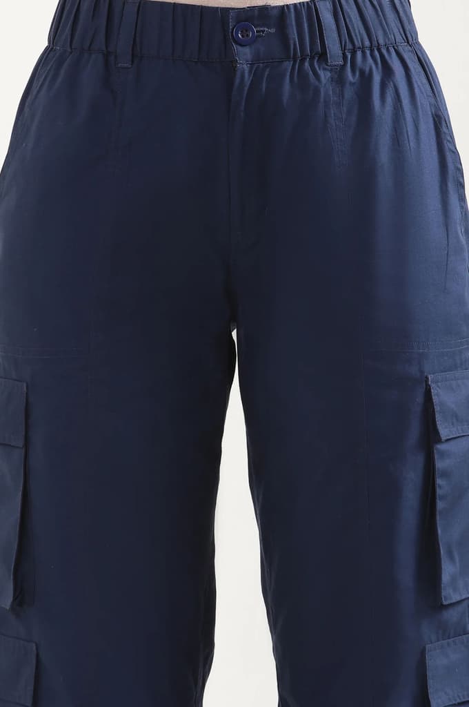 Navy Blue Solid Straight Fit Cotton Cargo Pants With Elasticated Waist — photo 7