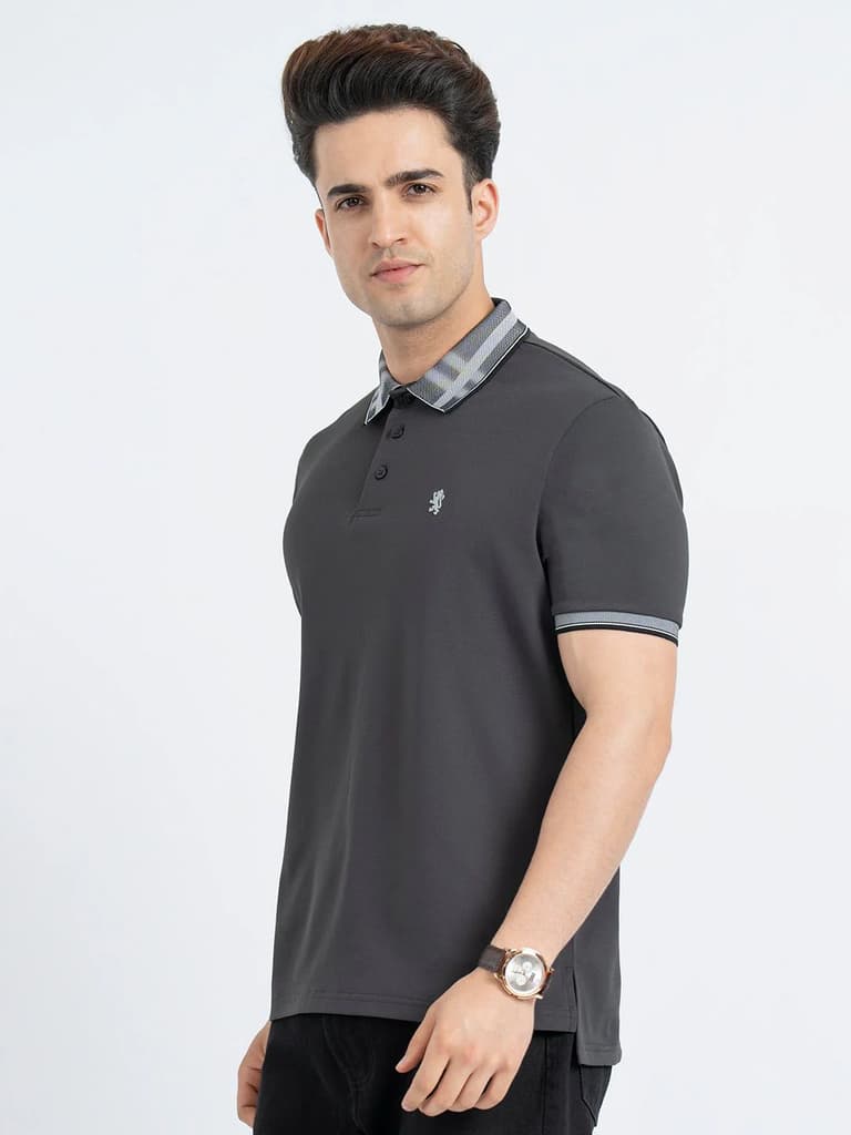 T Shirts for Men in Charcoal Grey | Jacquard Polo T Shirt — photo 2