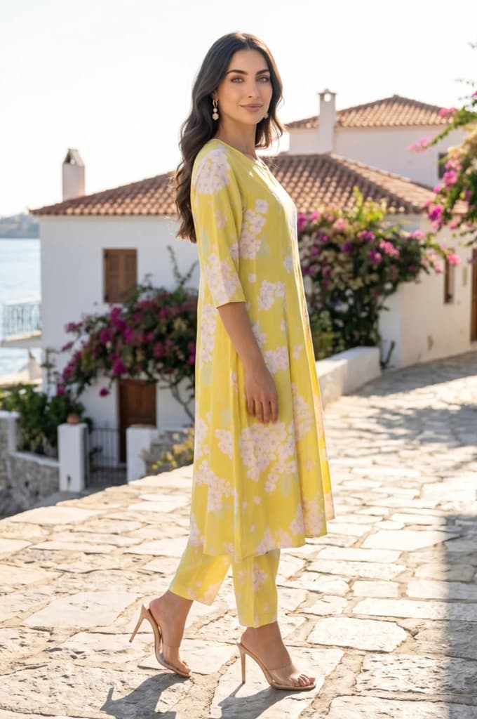 Yellow Floral Printed Cotton Flax Flared Kurta — photo 6