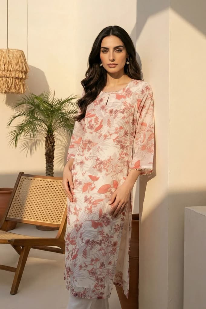 Off White Floral Printed Organza Straight Kurta — photo 2