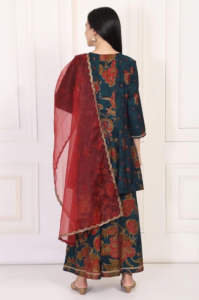 Teal Floral Printed Embellished A-Line Kurta with Flared Pant and Dupatta Set — photo 5