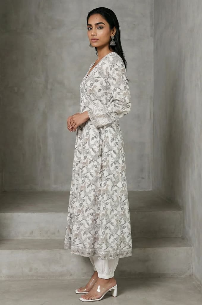 Off White Block Printed Pure Cotton Angrakha Kurta — photo 4